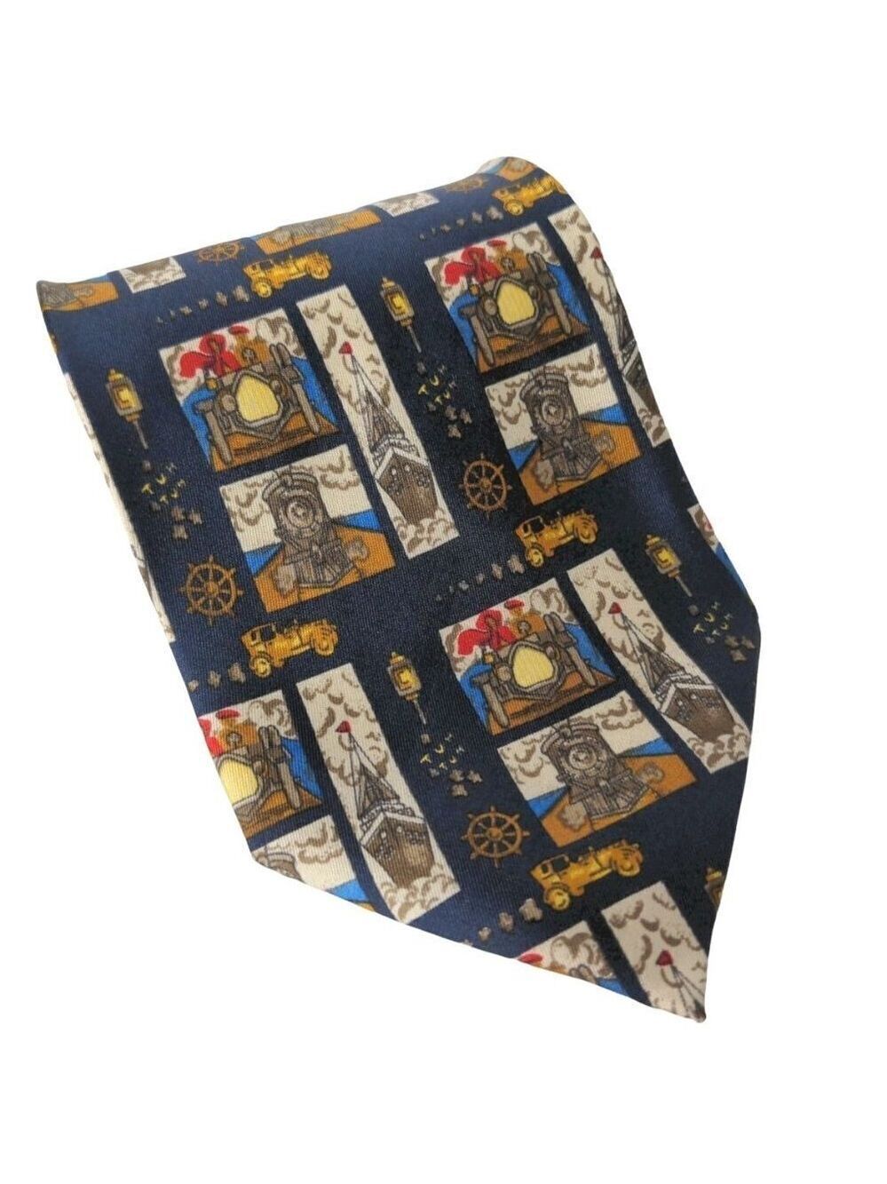 Aker Silk Necktie Ships Boats Cars Trains